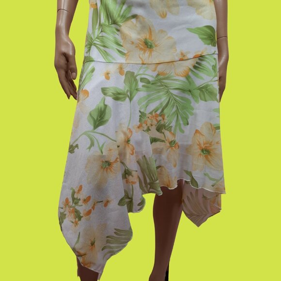 90s Y2K Strapless Floral Mesh Dress Size M White Yellow Green Midi Length Ruched - Picture 2 of 8